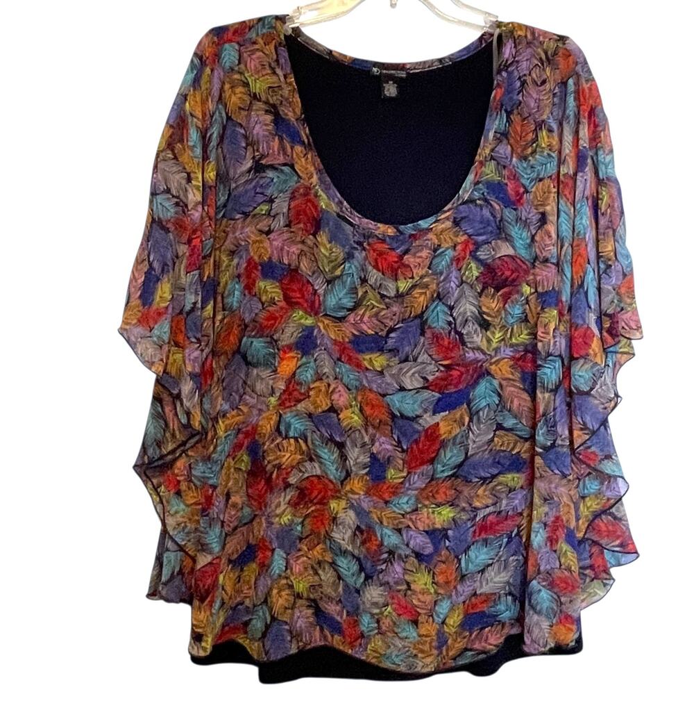 New Directions Woman Kaftan Top Womens Size 1X Multicolor Feather Print Cape